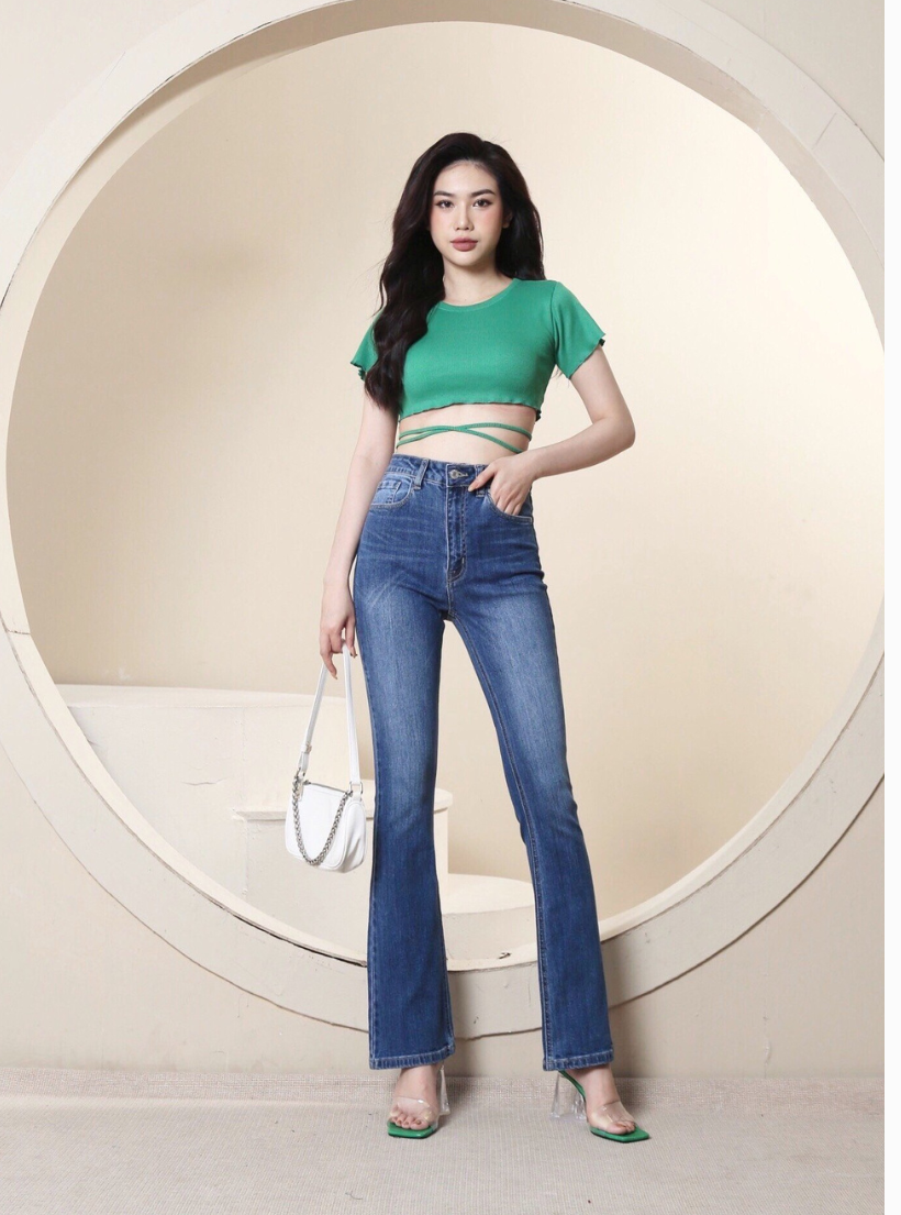  Quần Jean Nữ Ống Loe Lưng Cao Co Giãn Trơn Dài Quá Gót Gấu Thường HQJeans HQ53 