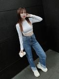  Quần jeans nữ HQJeans dáng suông ống rộng thiết kế gấp ngược gấu mới lạ phong cách thời trang trang nhã 