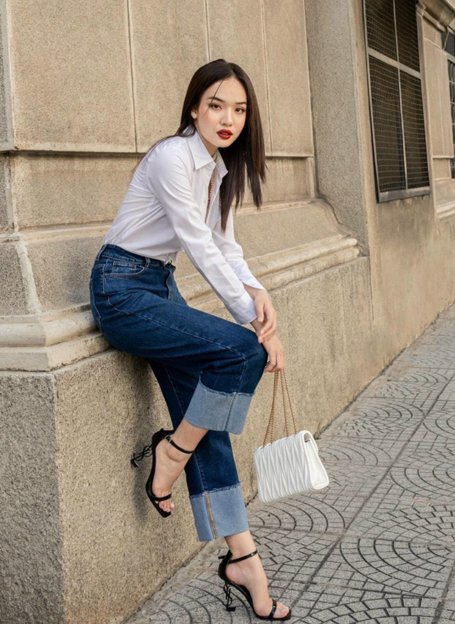  Quần suông đứng gấu may gấp ngược HQJeans cao cấp chất jeans denim VietNam xuất khẩu co giãn tốt, độ bền cao 