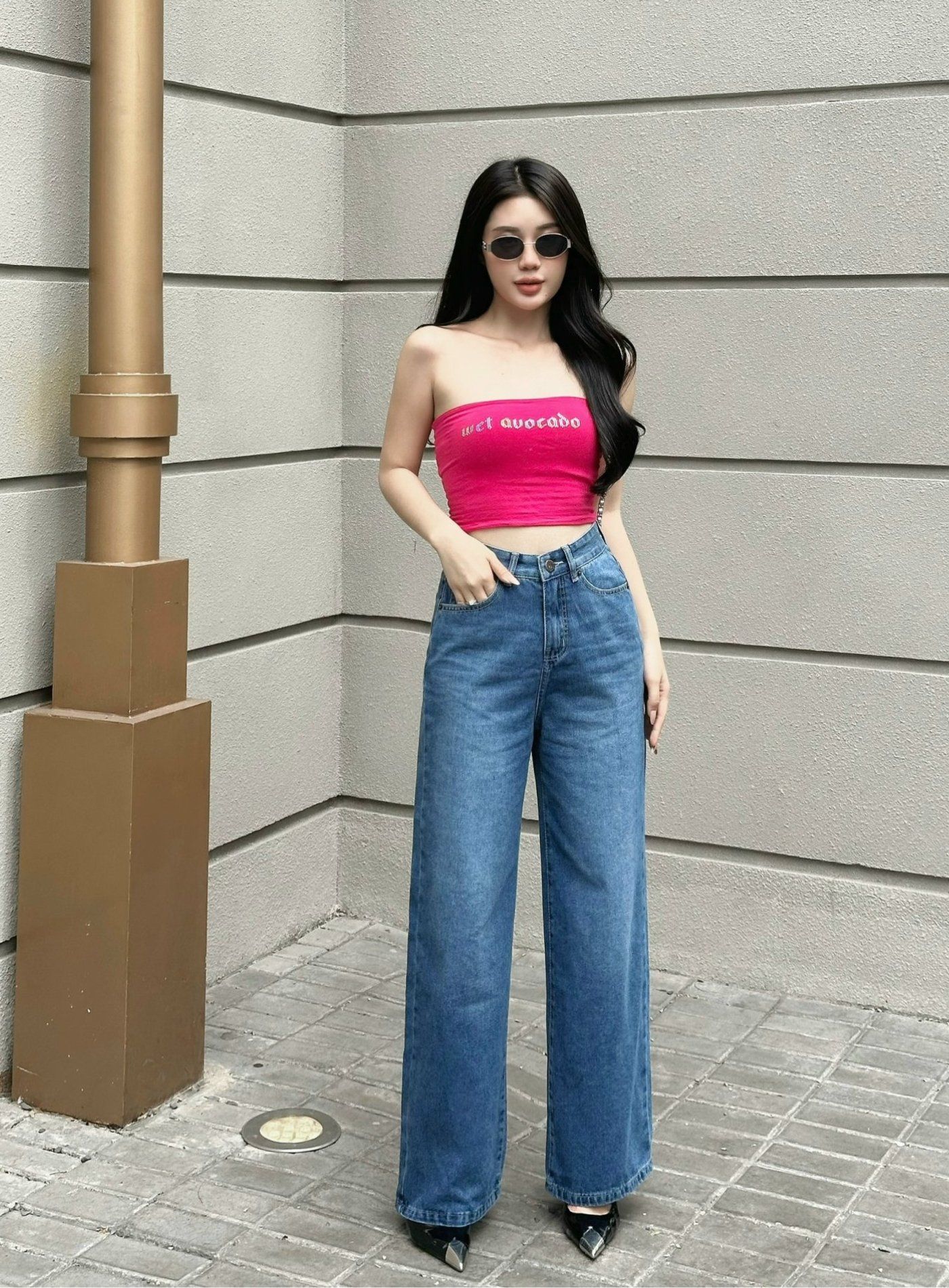  HQJeans Quần suông ống rộng đơn giãn dáng dài cotton không giãn dày chất lượng VNXK HQ161 