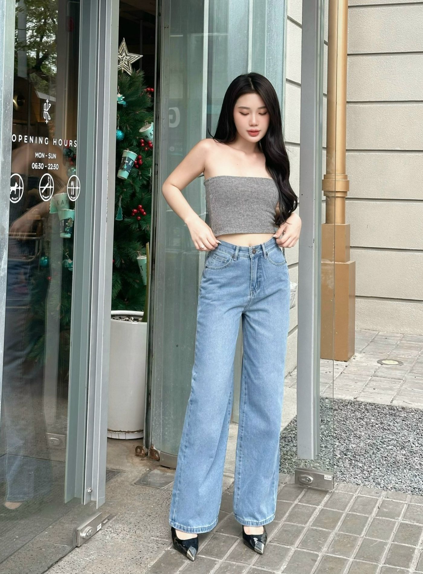  HQJeans Quần suông ống rộng đơn giãn dáng dài cotton không giãn dày chất lượng VNXK HQ161 