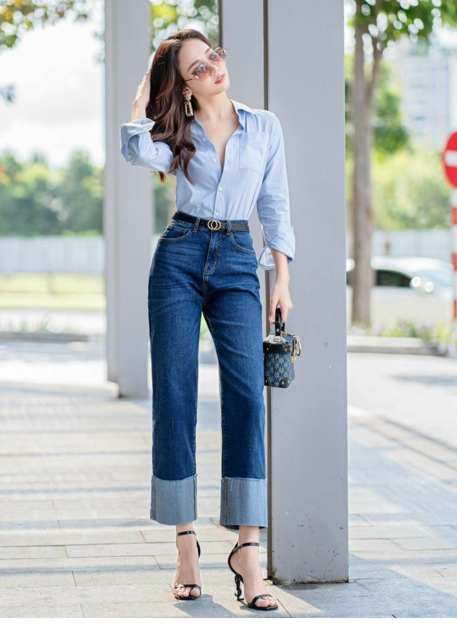  Quần suông đứng gấu may gấp ngược HQJeans cao cấp chất jeans denim VietNam xuất khẩu co giãn tốt, độ bền cao 