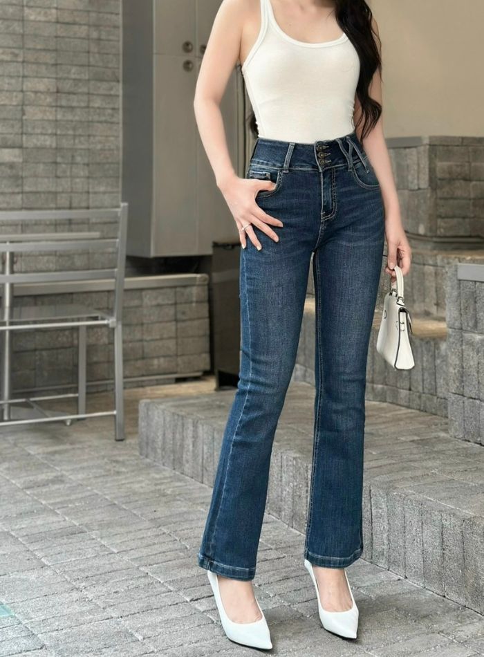  HQJeans Quần jeans ống loe nữ lưng siêu cao 3 cúc đai chéo mẫu thiết kế mới HQ166 