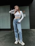  Quần jeans nữ HQJeans dáng suông ống rộng thiết kế gấp ngược gấu mới lạ phong cách thời trang trang nhã 