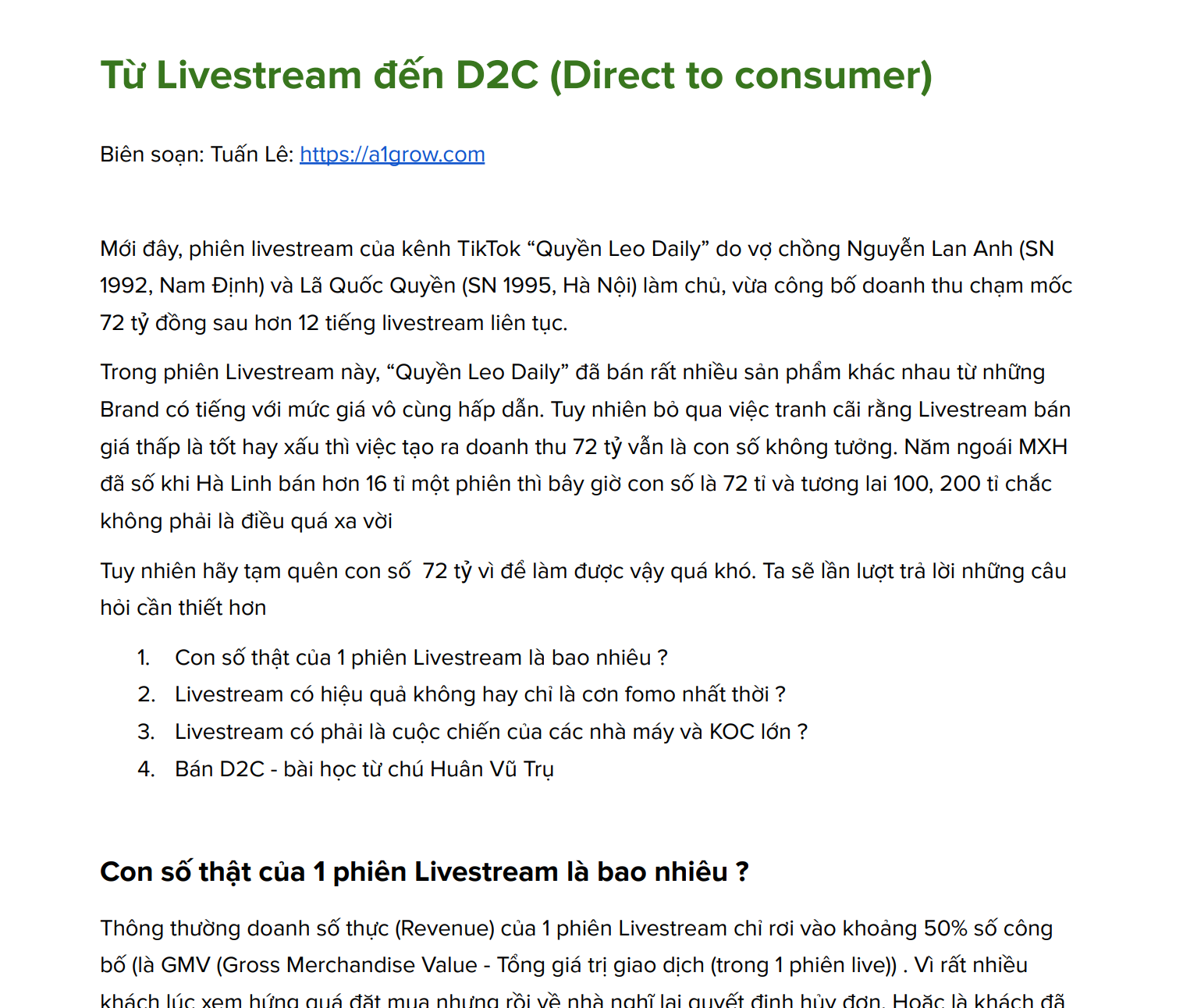 Livestream 75 tỉ và mô hình D2C vạn đơn