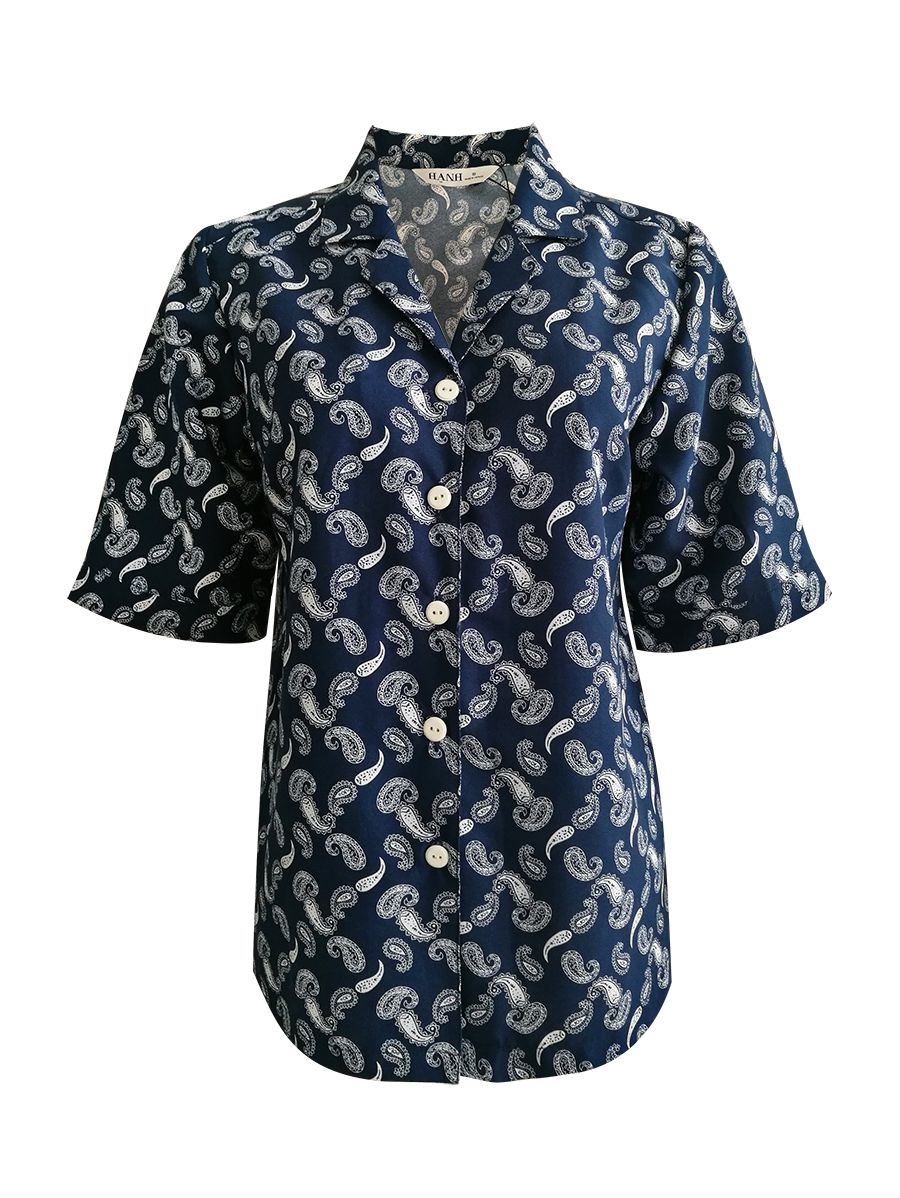 Áo sơ mi cổ danton, tay ngắn, họa tiết