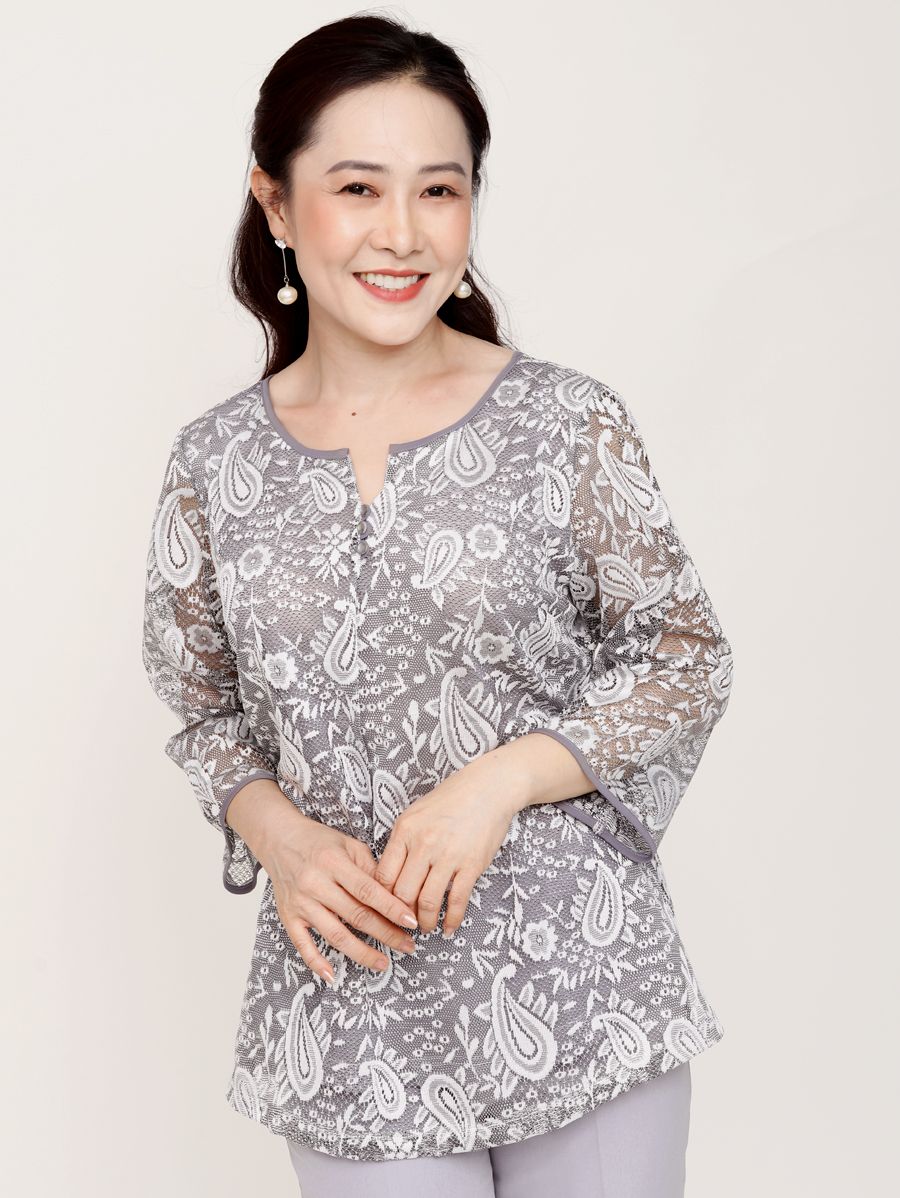 Áo ren cổ tròn kết nút, tay lửng