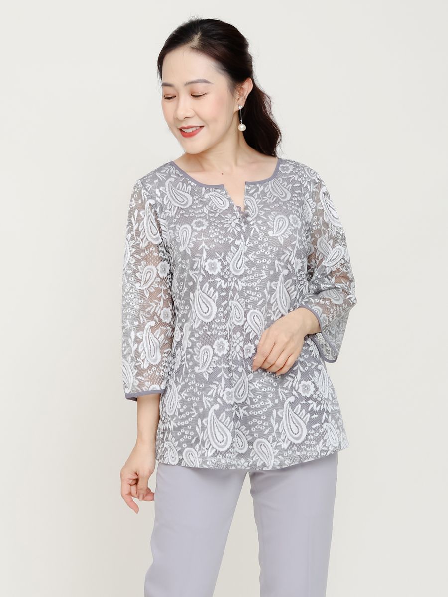 Áo ren cổ tròn kết nút, tay lửng