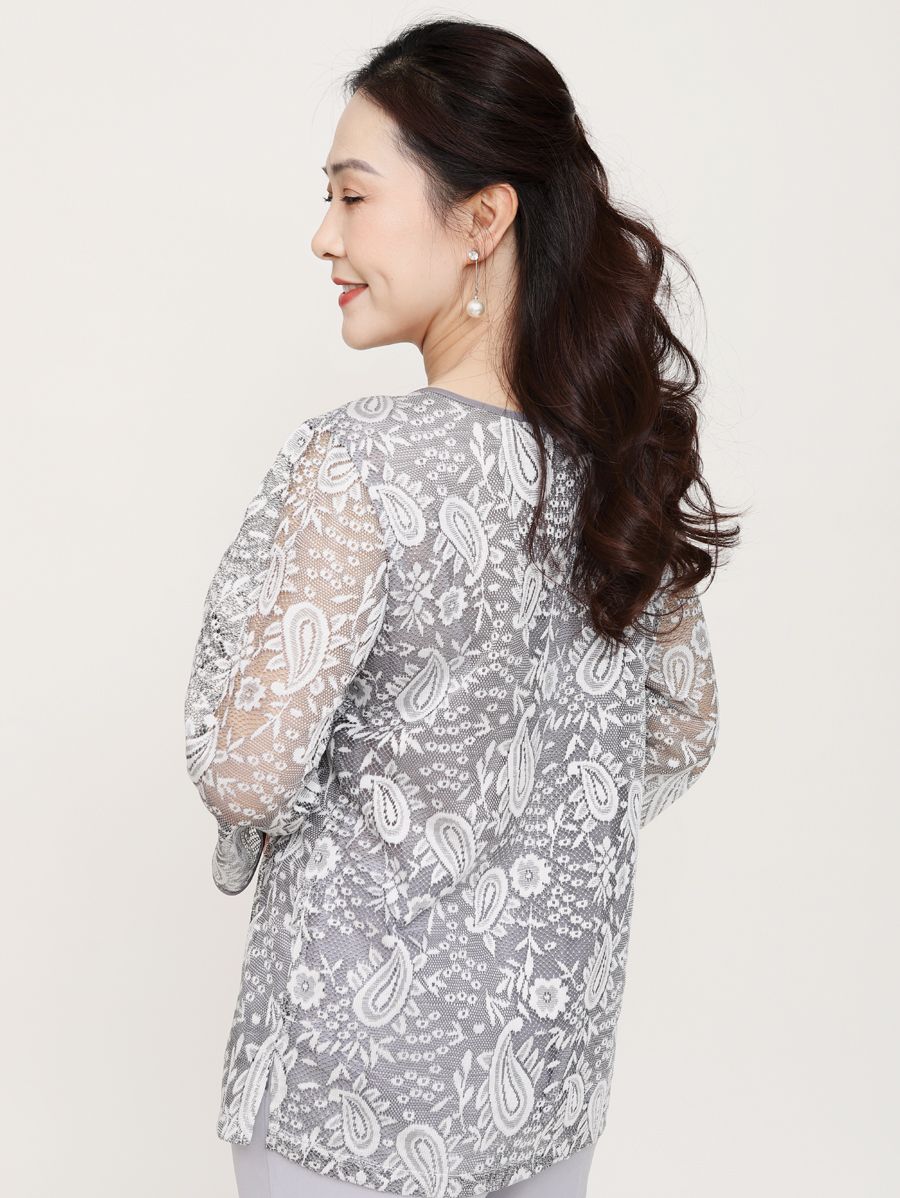Áo ren cổ tròn kết nút, tay lửng