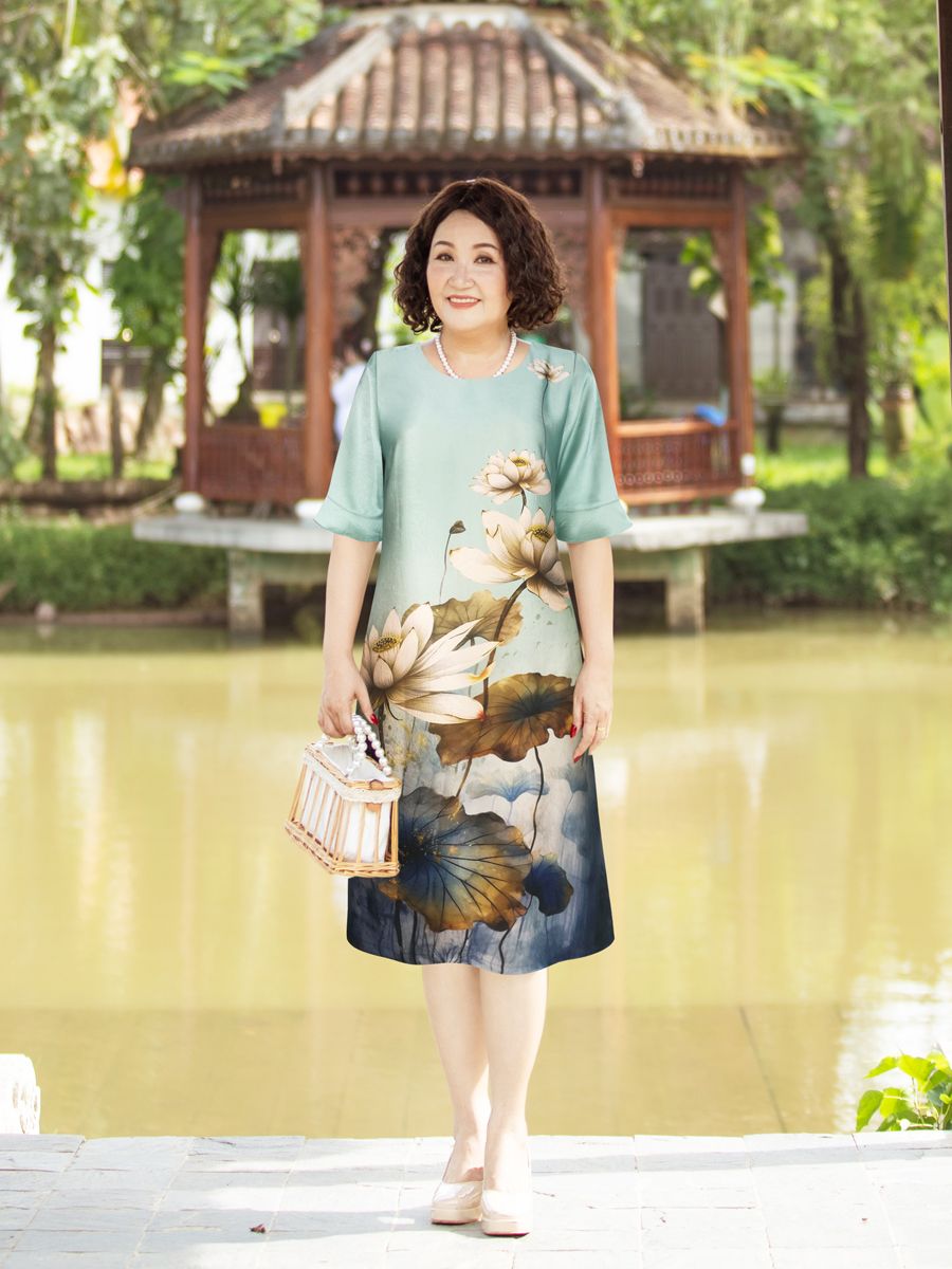 Đầm suông Hạnh cổ tròn họa tiết, tay bèo
