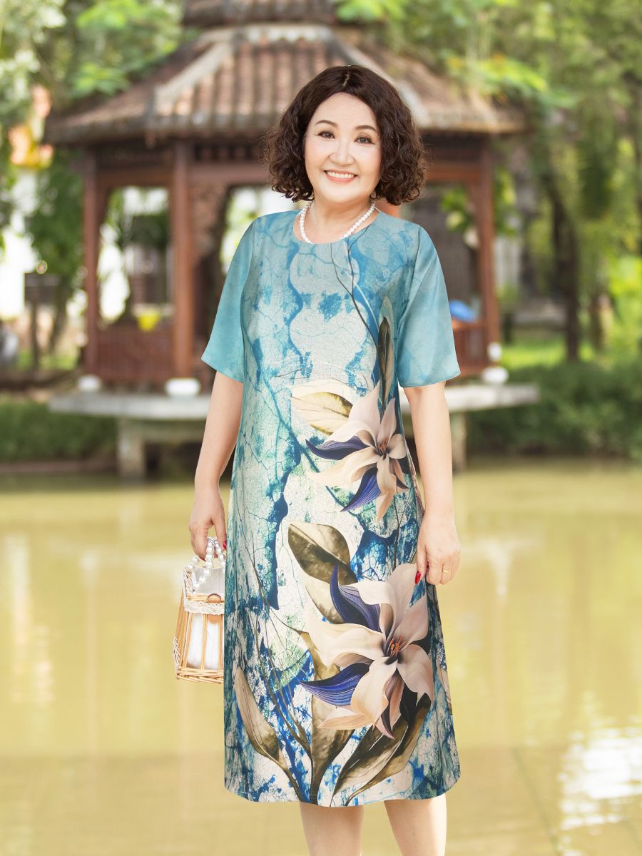 Đầm Hạnh suông cổ tròn họa tiết , tay ngắn