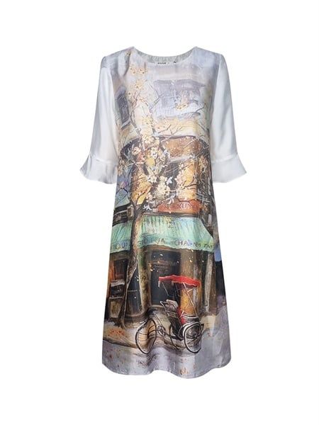 Đầm suông cổ tròn họa tiết , tay bèo