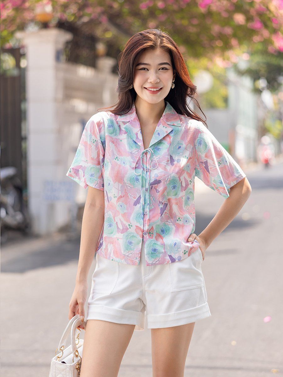Áo sơ mi cổ danton thắt nơ, tay ngắn