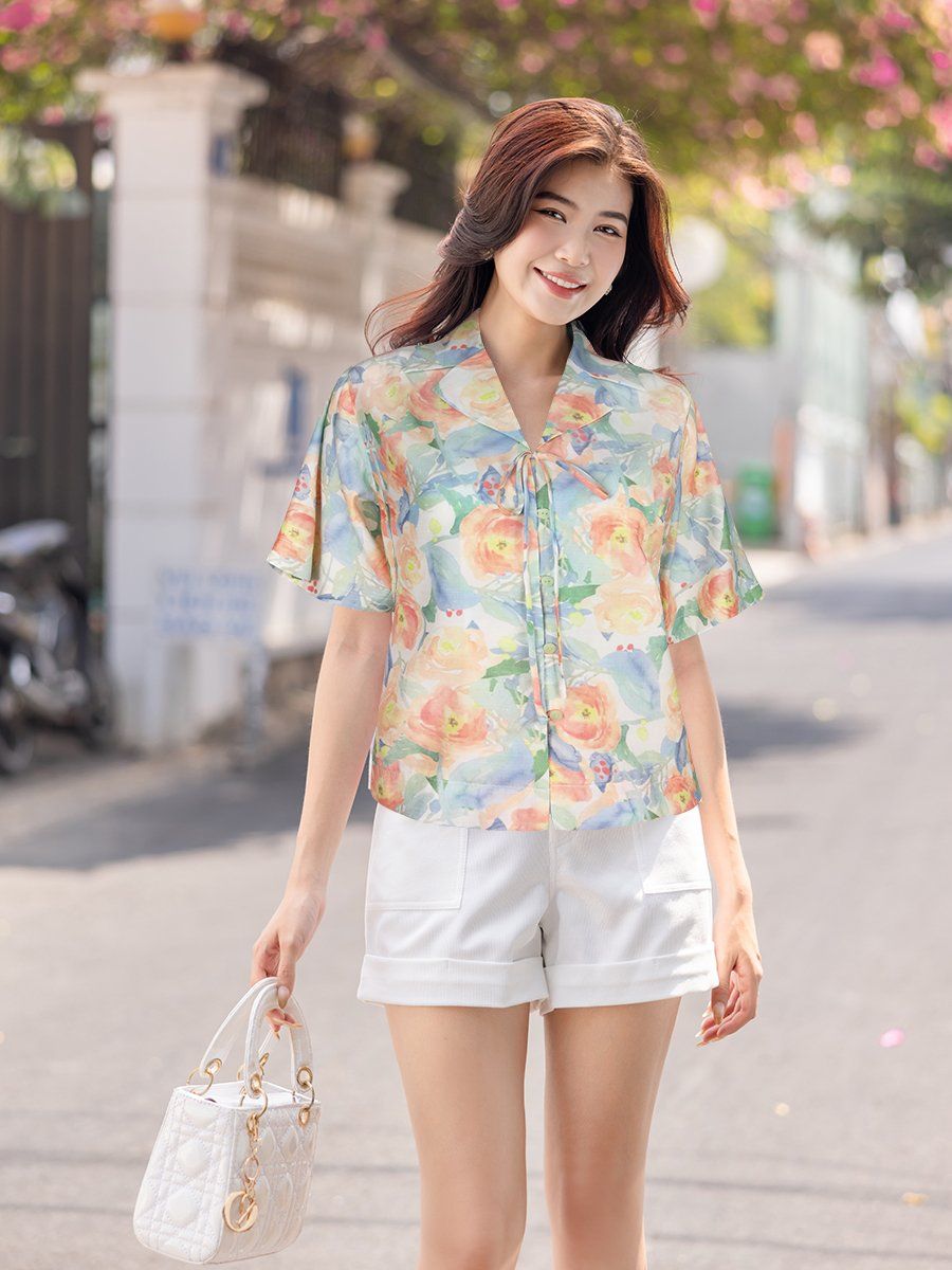 Áo sơ mi cổ danton thắt nơ, tay ngắn