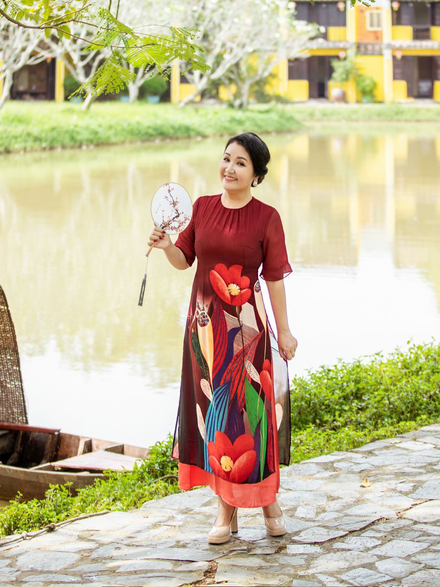 Đầm cổ tròn 2 tà họa tiết, tay loe