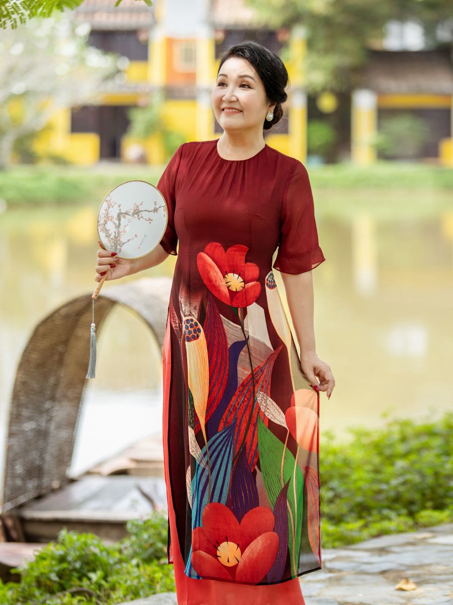 Đầm cổ tròn 2 tà họa tiết, tay loe