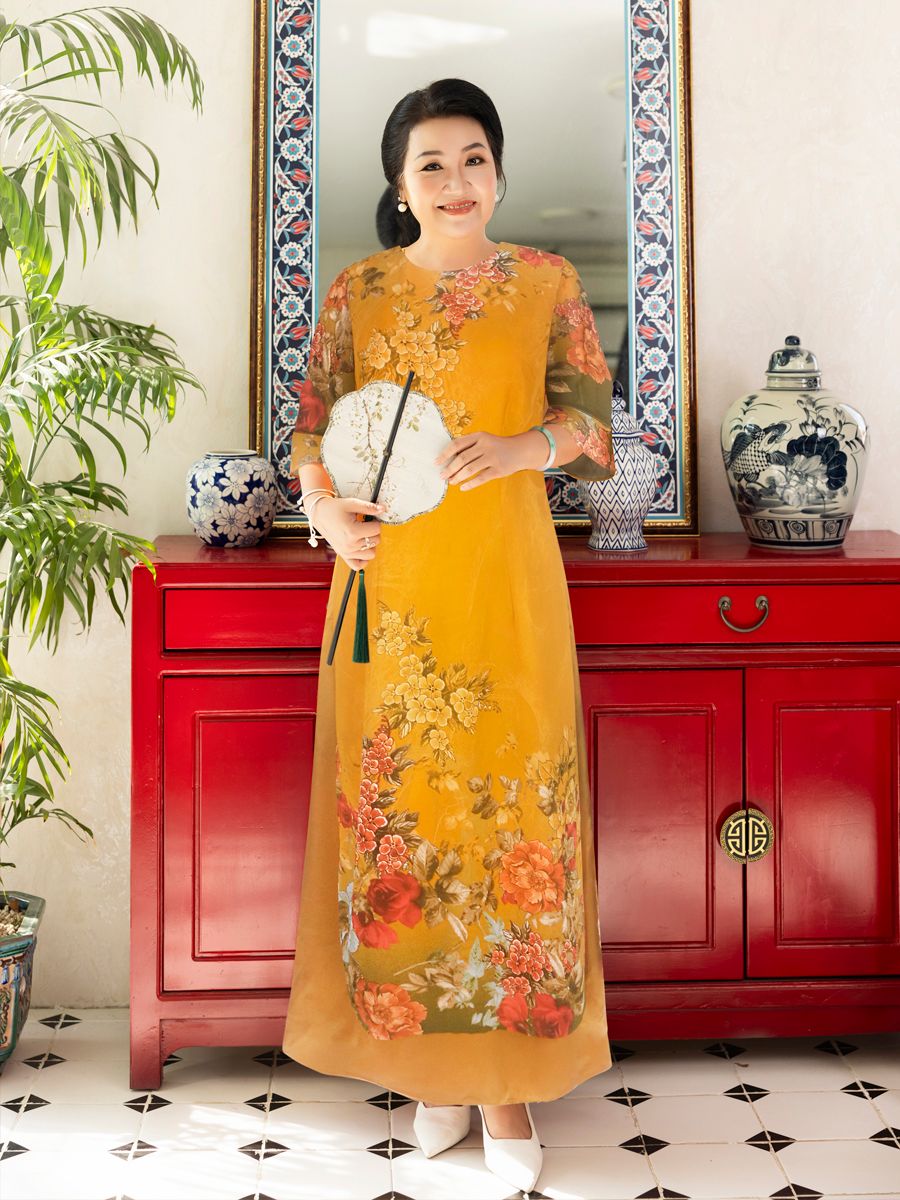 Đầm dài Hạnh cổ tròn 2 tà in họa tiết, tay loe