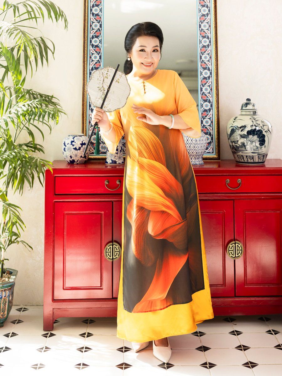 Đầm dài Hạnh cổ tròn 2 tà in họa tiết, tay loe
