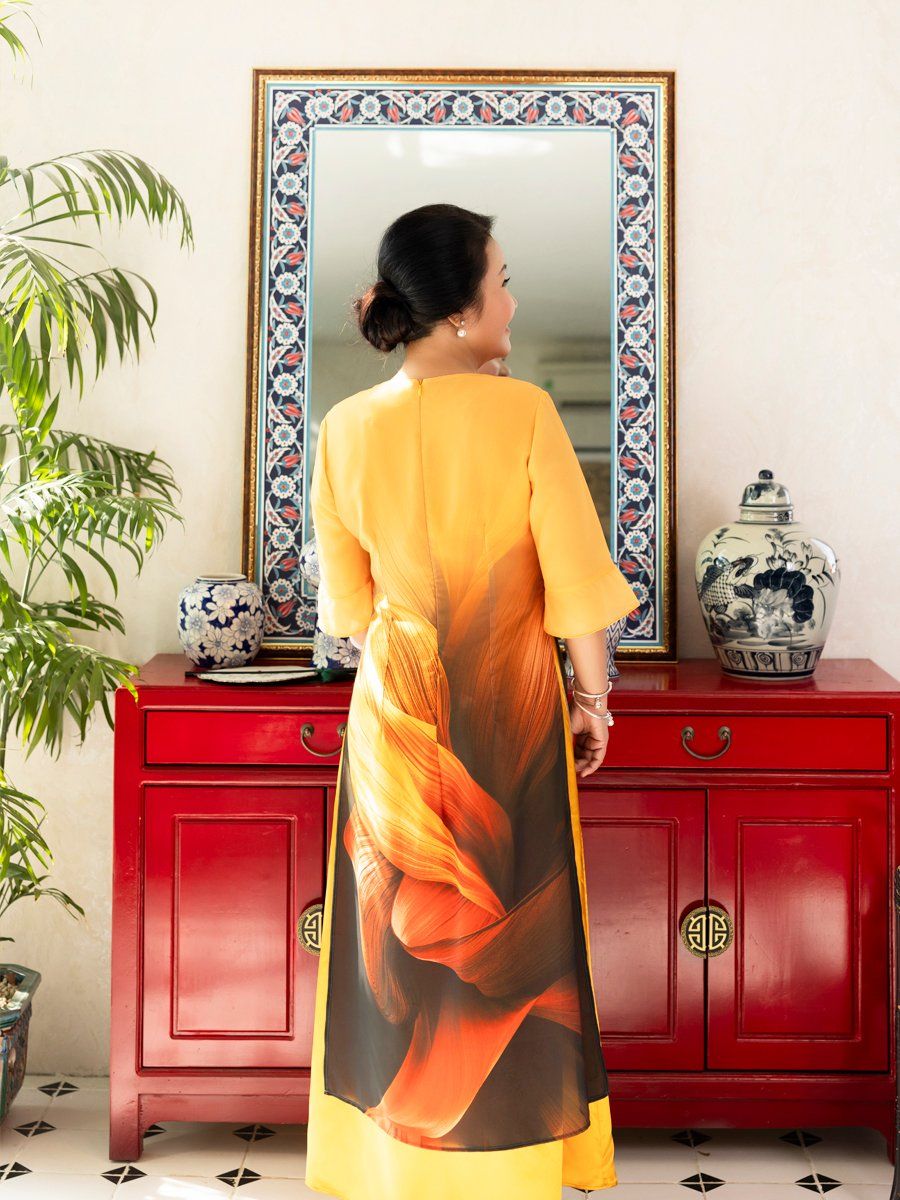 Đầm dài Hạnh cổ tròn 2 tà in họa tiết, tay loe
