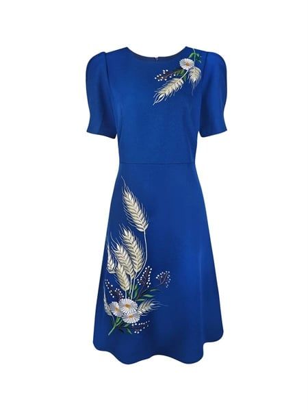 Đầm midi Hạnh cổ tròn thêu hoa, tay phồng