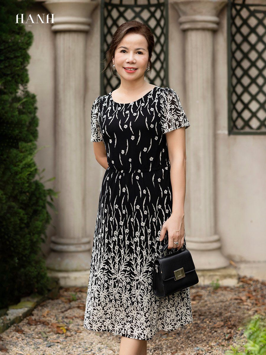 Đầm thun Hạnh họa tiết,tay ngắn