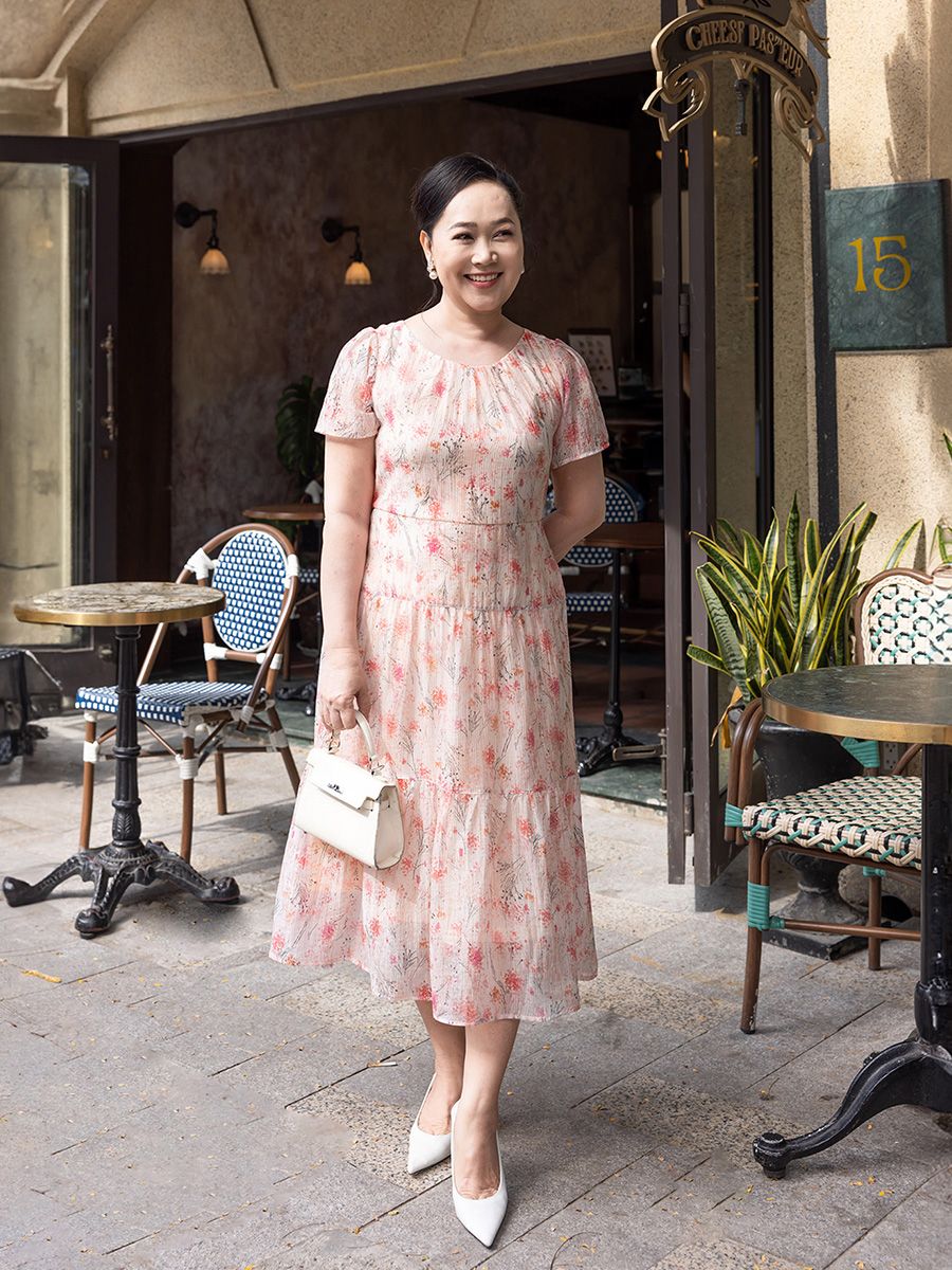 Đầm Hạnh cổ tròn họa tiết, tay ngắn trẻ trung, nữ tính