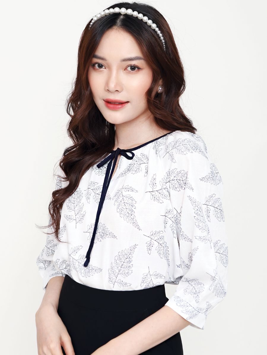 Áo kiểu cổ tròn cột nơ, tay raplan lửng