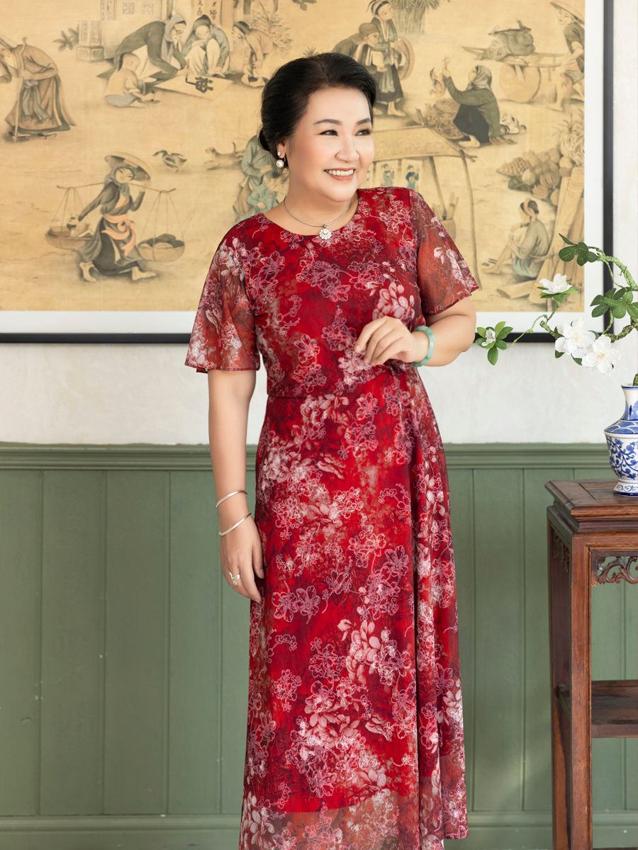 Đầm dài Hạnh cổ tròn,eo quấn hoa hồng, tay ngắn
