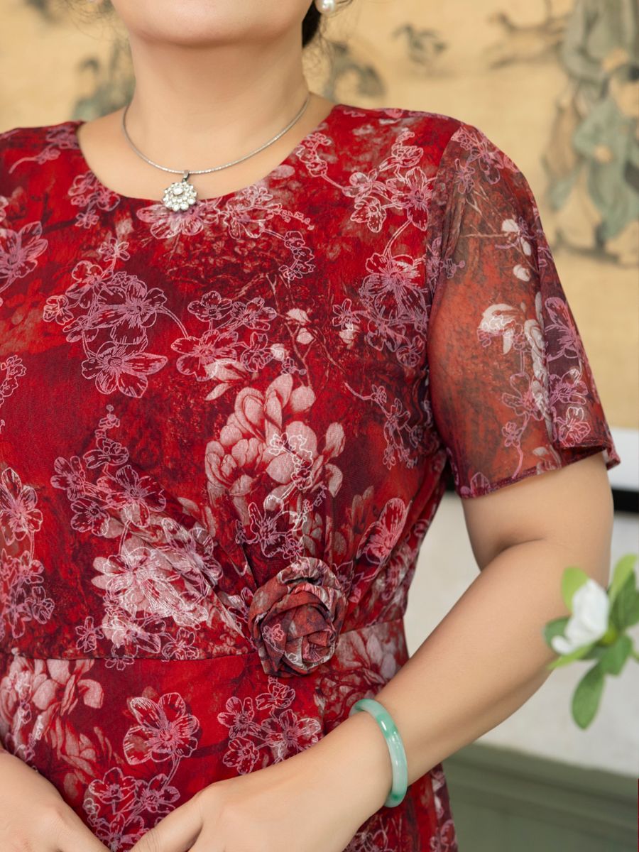 Đầm dài Hạnh cổ tròn,eo quấn hoa hồng, tay ngắn