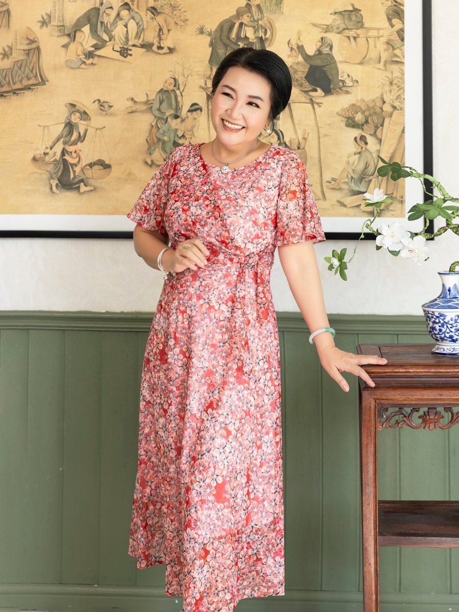 Đầm thun lưới Hạnh cổ tròn, eo cách điệu thắt nơ, tay ngắn