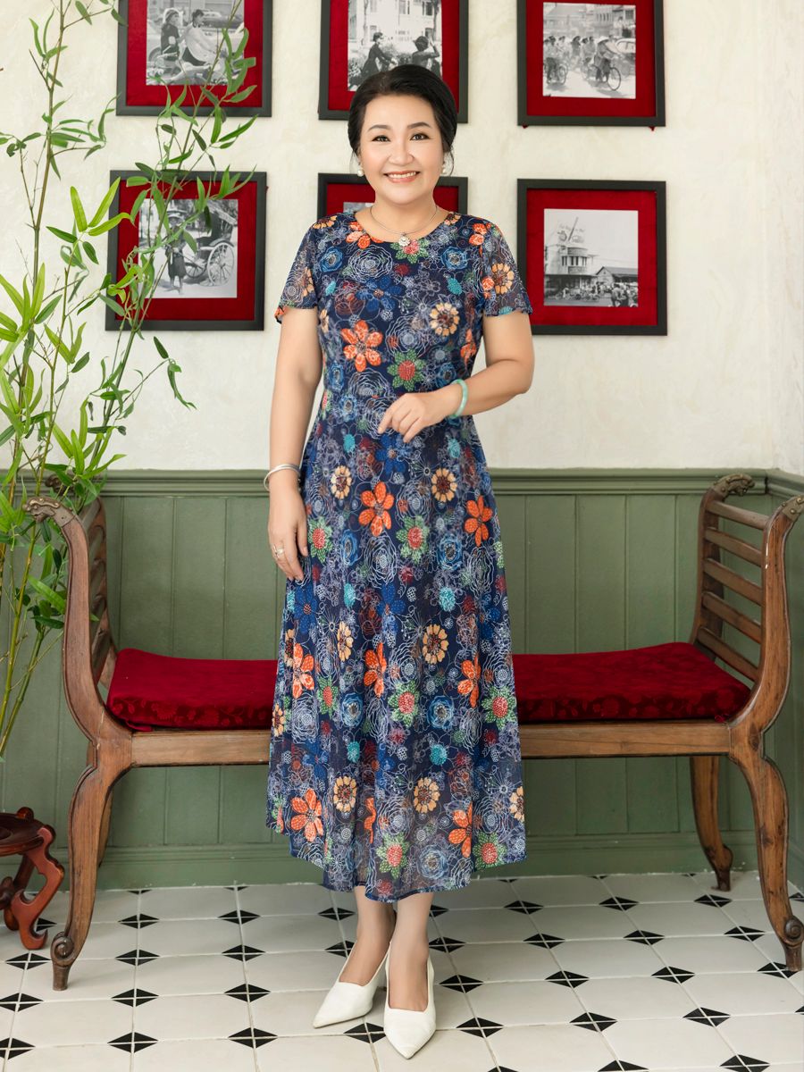 Đầm thun lưới Hạnh cổ tròn in hoa tiết hoa, tay ngắn