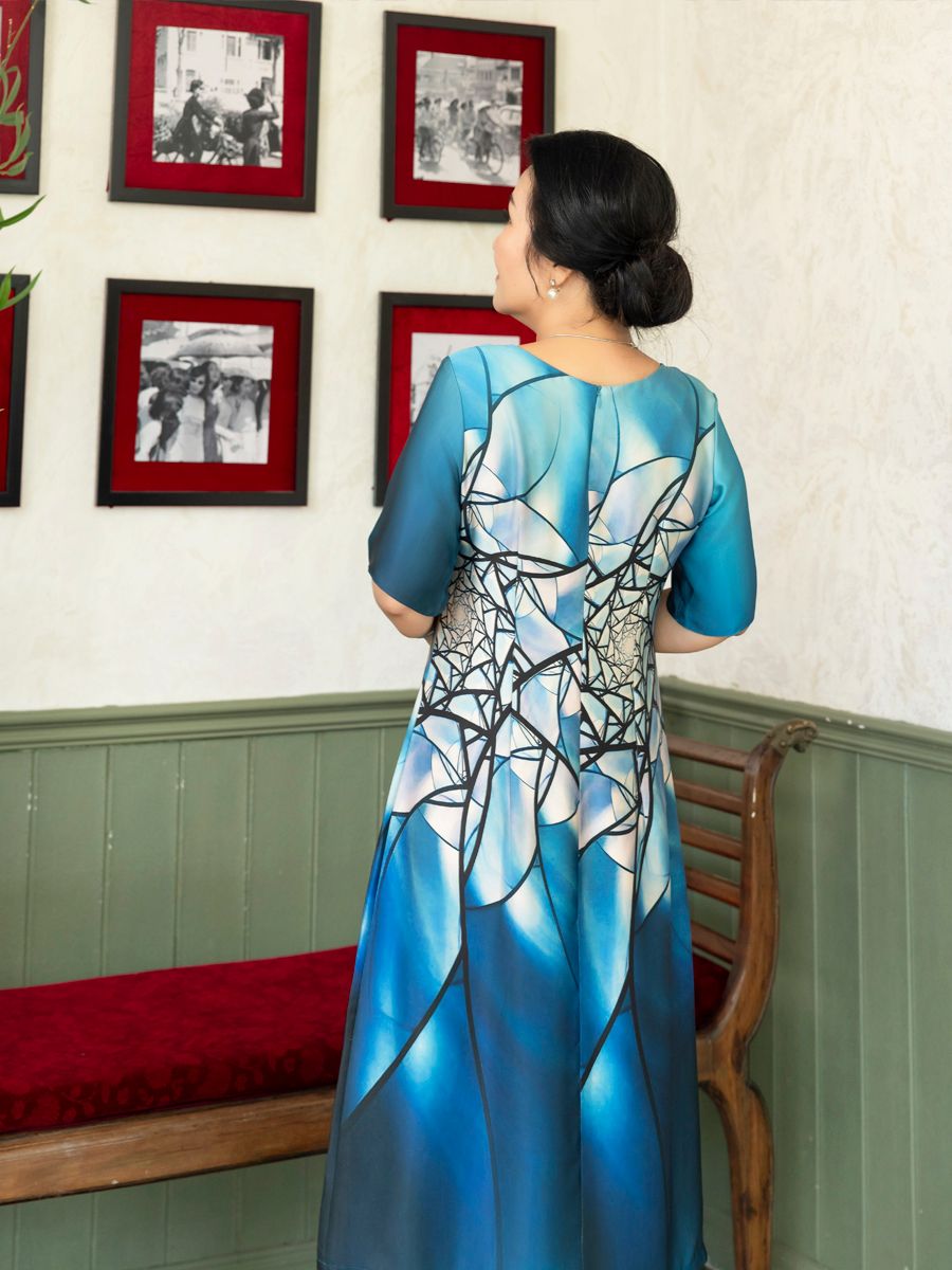 Đầm Hạnh suông cổ tròn họa tiết , tay ngắn