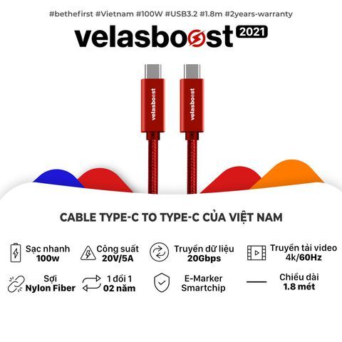 Cáp sạc Velasboost Type-C to Type-C, 1.8m