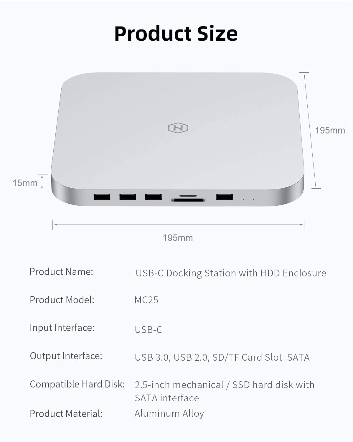 HAGIBIS Type-C Docking Station & Stand for Mac Mini M1 USB-C Hub with Hard Drive Enclosure, with SATA, USB 3.0, SD/TF Card Reader and USB 2.0 Ports for New MM M1 Laptop (Silver for Mac Mini 2020)