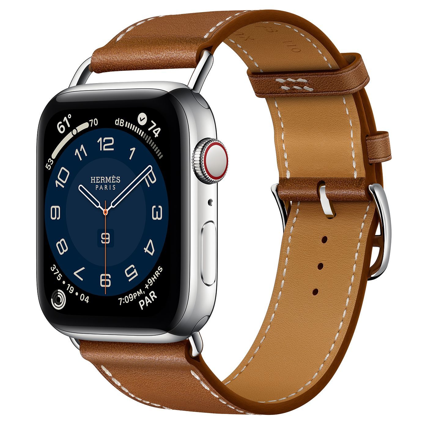 Apple Watch 44mm Hermès Silver Stainless Steel Case, Fauve Barénia Leather Attelage Single Tour