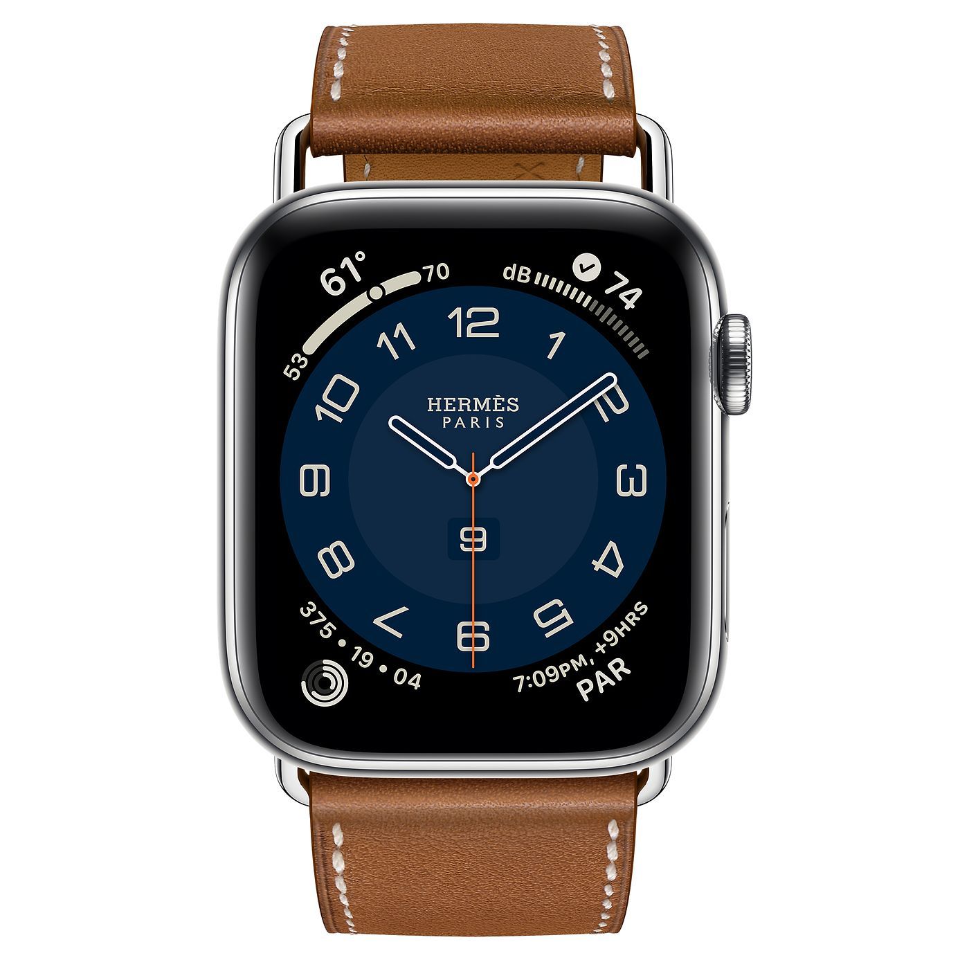 Apple Watch 44mm Hermès Silver Stainless Steel Case, Fauve Barénia Leather Attelage Single Tour