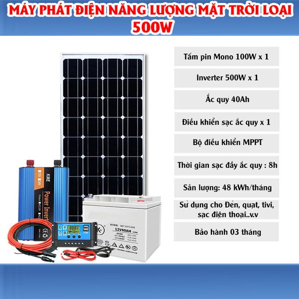 Máy Phát Điện Năng Lượng Mặt Trời 500W (Điện 220V) - Tấm Pin NLMT 100W - Ắc Quy 40AH