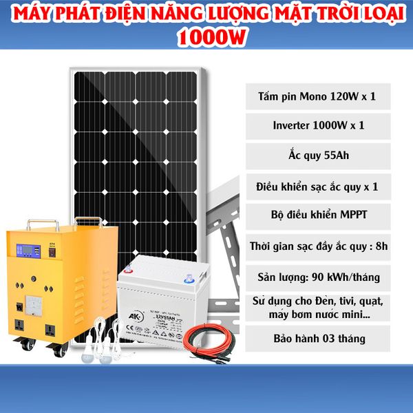 Máy Phát Điện Năng Lượng Mặt Trời 1000W (Điện 220V) - Tấm Pin NLMT 120W - Ắc Quy 55AH