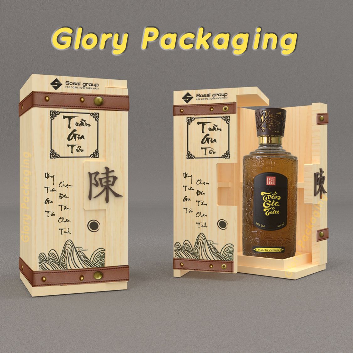 Hộp rượu gỗ thông dây đai da sang trọng