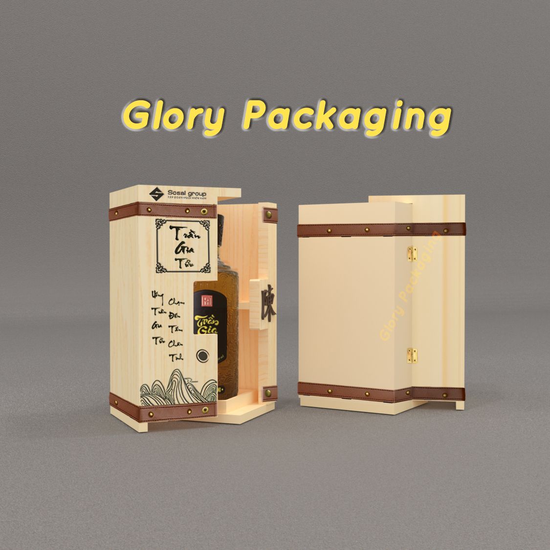 Hộp rượu gỗ thông dây đai da sang trọng