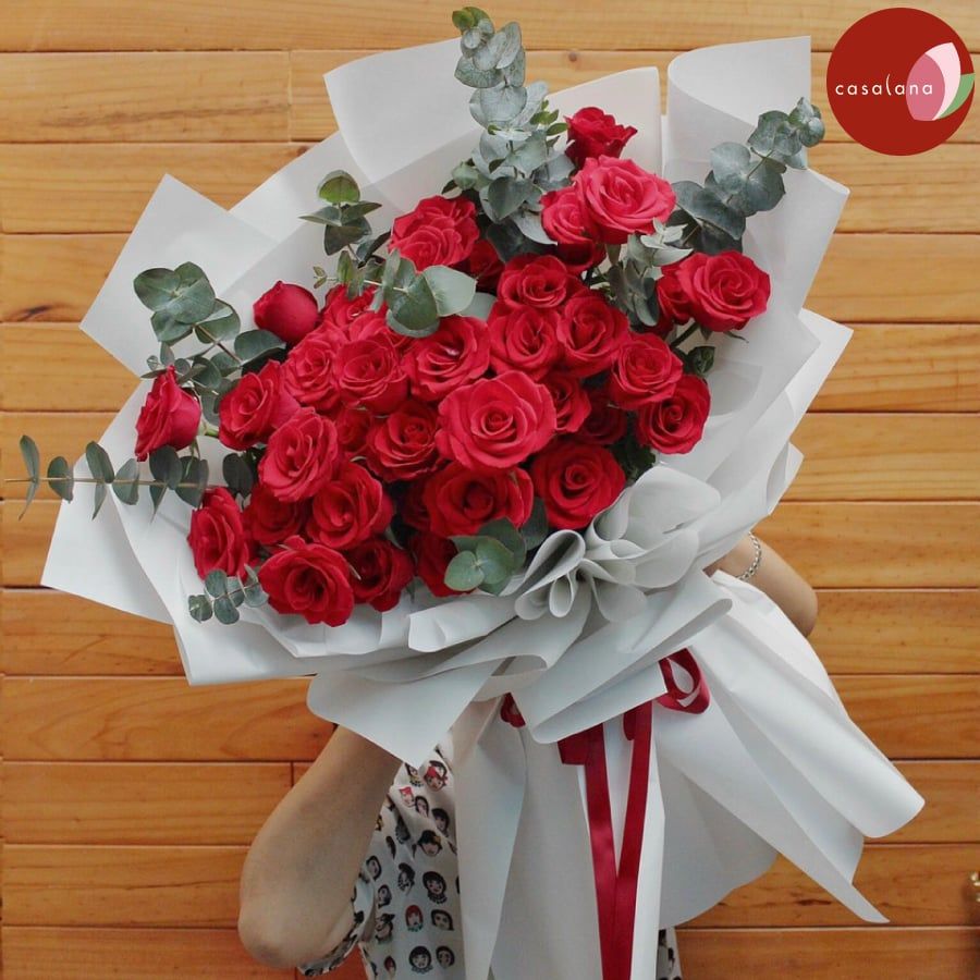 Bó hồng đỏ lá bạc 50