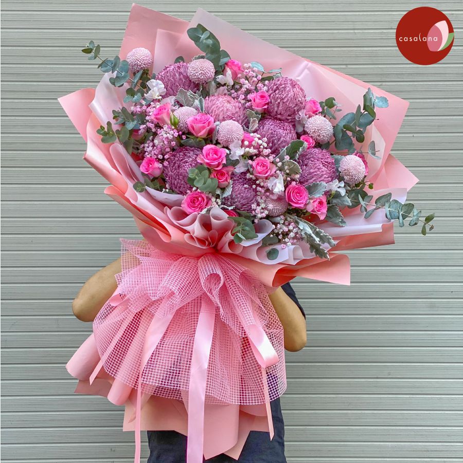 Bó cúc mẫu đơn tím mix hồng sen và pingpong hồng