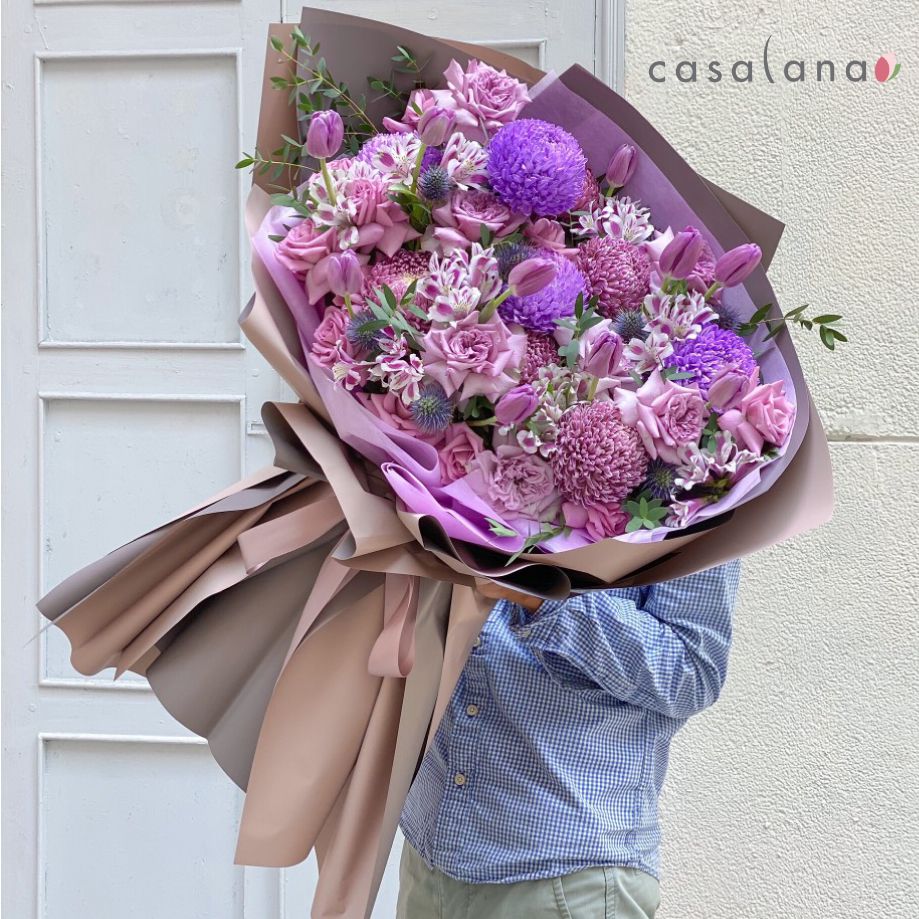 Bó hoa hồng ohara tím cúc mẫu đơn tím