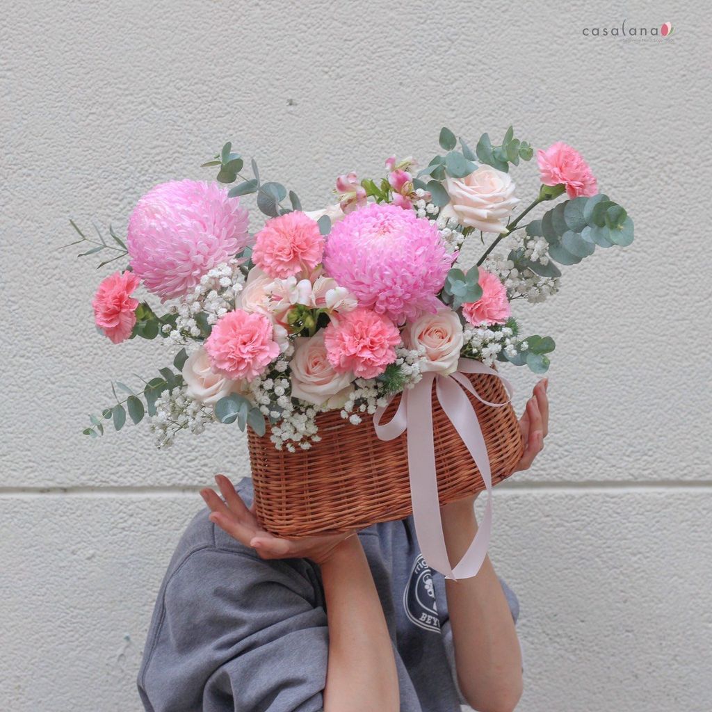 Giỏ Hàn Quốc 2 cúc hồng nhạt
