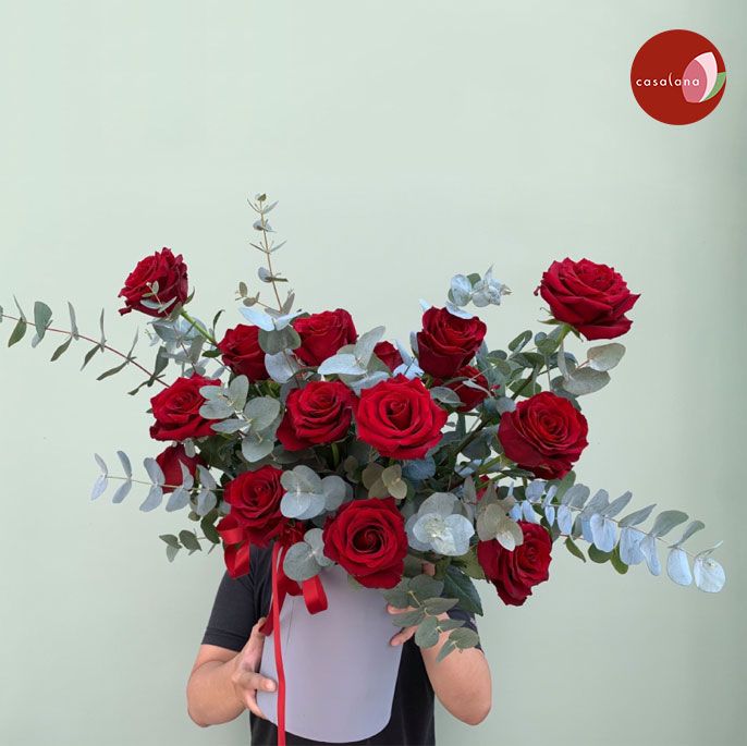Bloom box hồng ecuador đỏ lá bạc