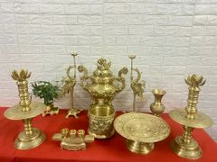 Bộ đồ thờ đầy đủ đồng vàng mộc cao 50cm + Bộ đồ thờ gia tiên 9 món