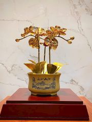 Hoa Lan 3 thân đồng vàng giả cổ mạ vàng 24K cao 42cm mẫu 7 - Đồng Đông Sơn