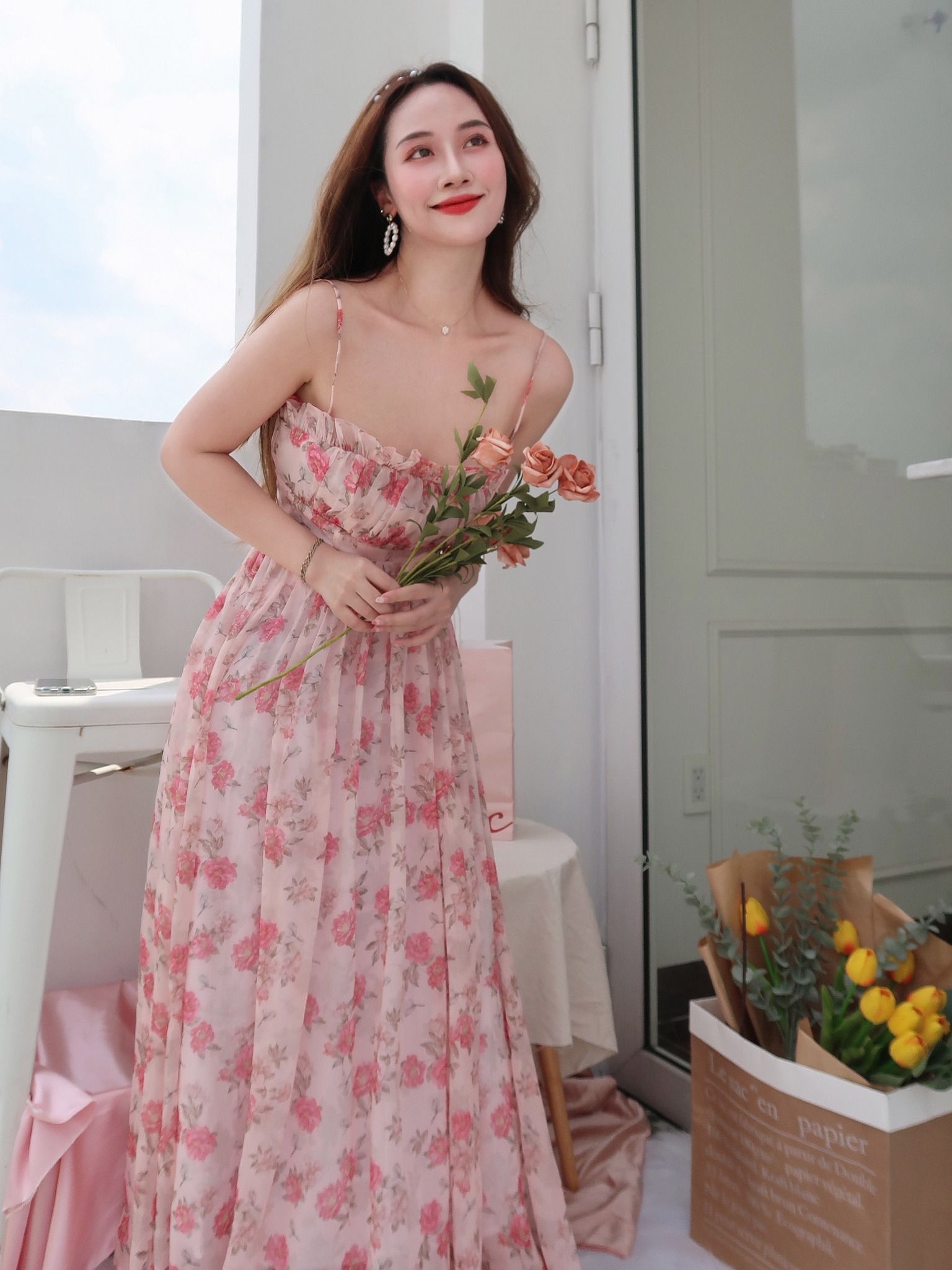 Đầm Dài Lonia Họa Tiết Hoa Hồng
