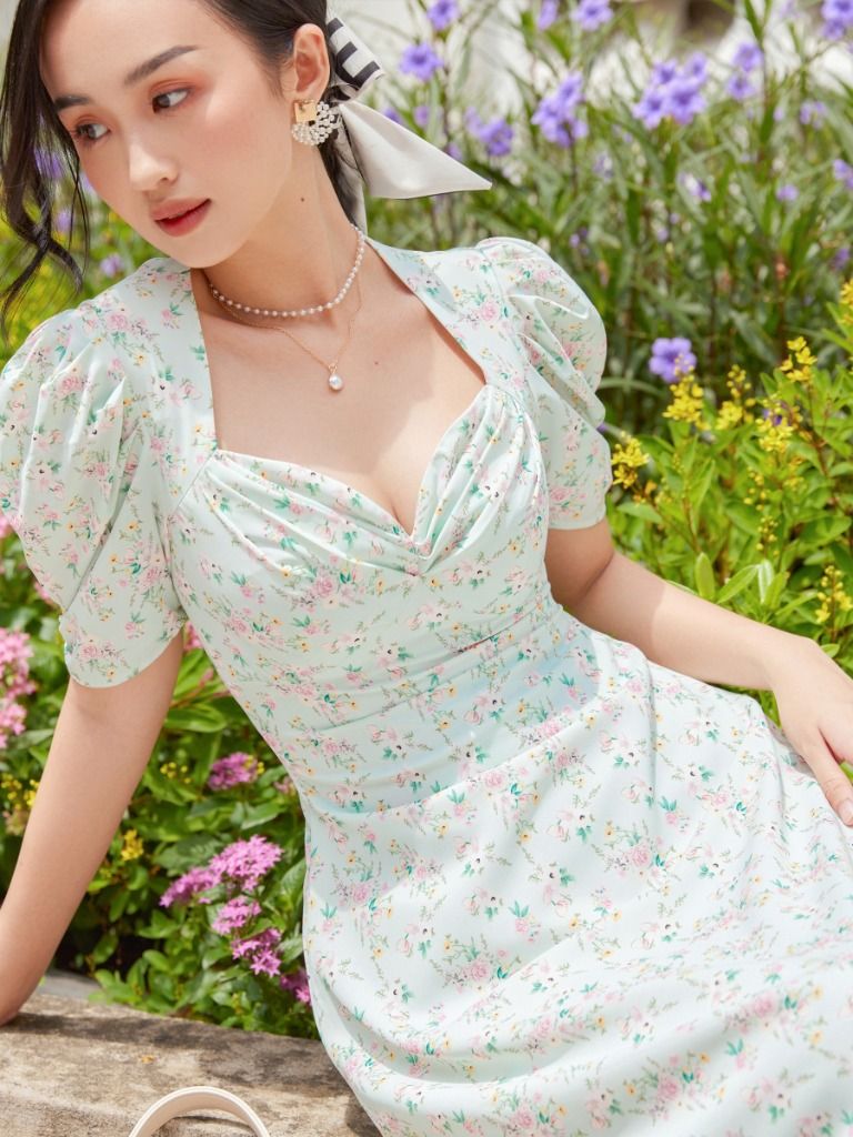 Đầm Dài Belinda Họa Tiết Hoa Xanh