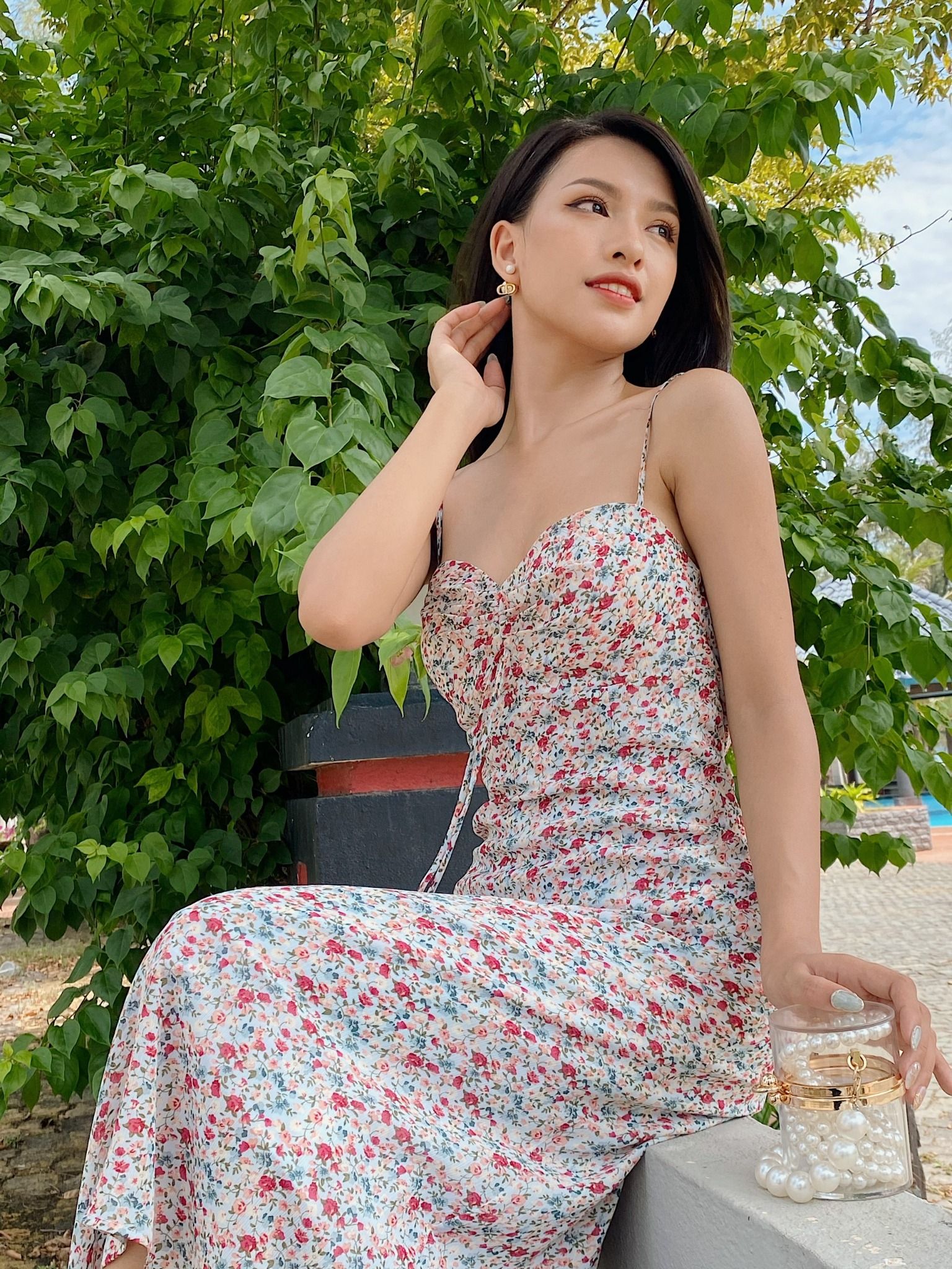 Đầm Dài Gilery Họa Tiết Hoa Xanh